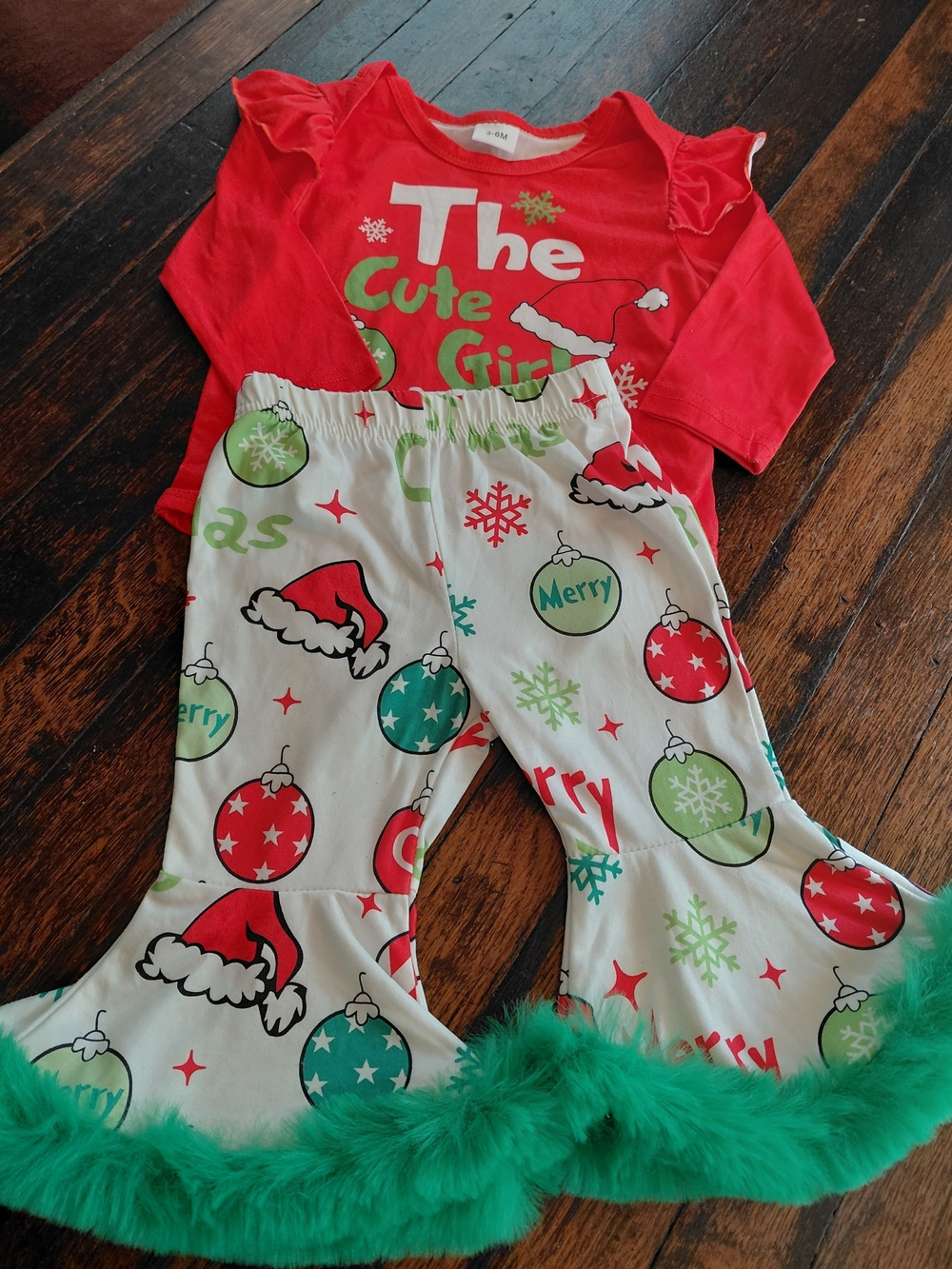 Girls Red Holiday Pajama Set with Festive Ornament Print and Green Trim